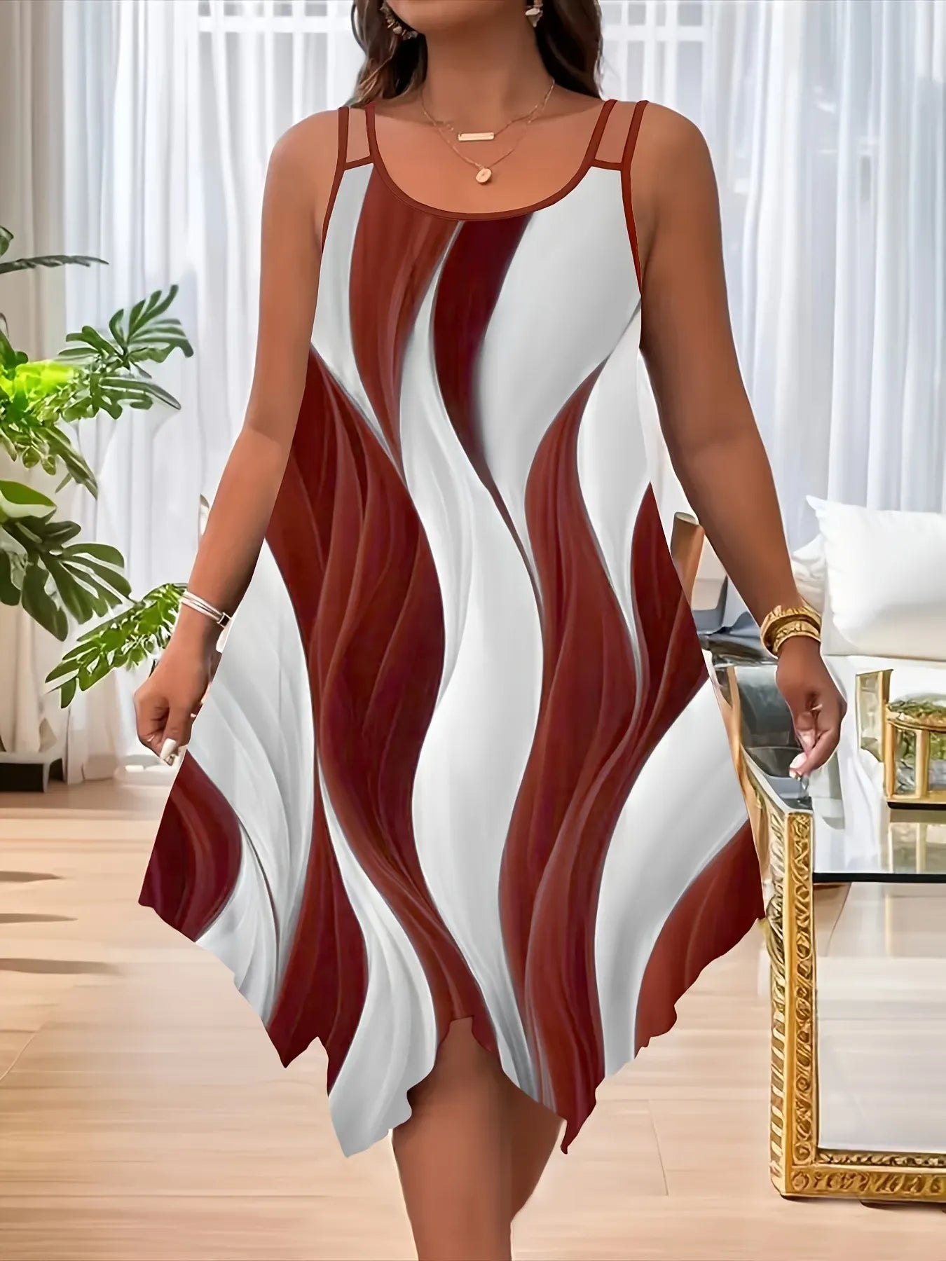 Wave Print Round Neck Double Spaghetti Strap Loose Irregular Hem Midi Dress