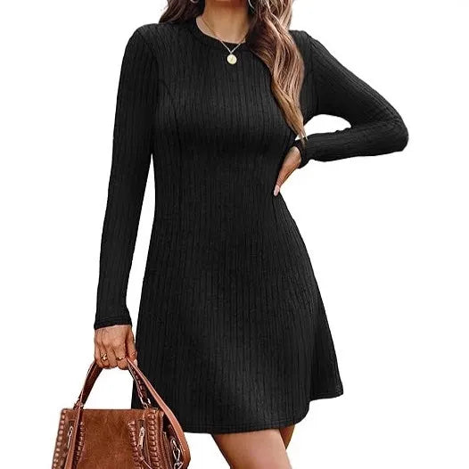 Ribbed Knit Round Neck Long Sleeve Slim A-Line Midi Dress