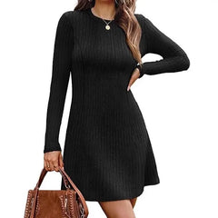 Ribbed Knit Round Neck Long Sleeve Slim A-Line Midi Dress