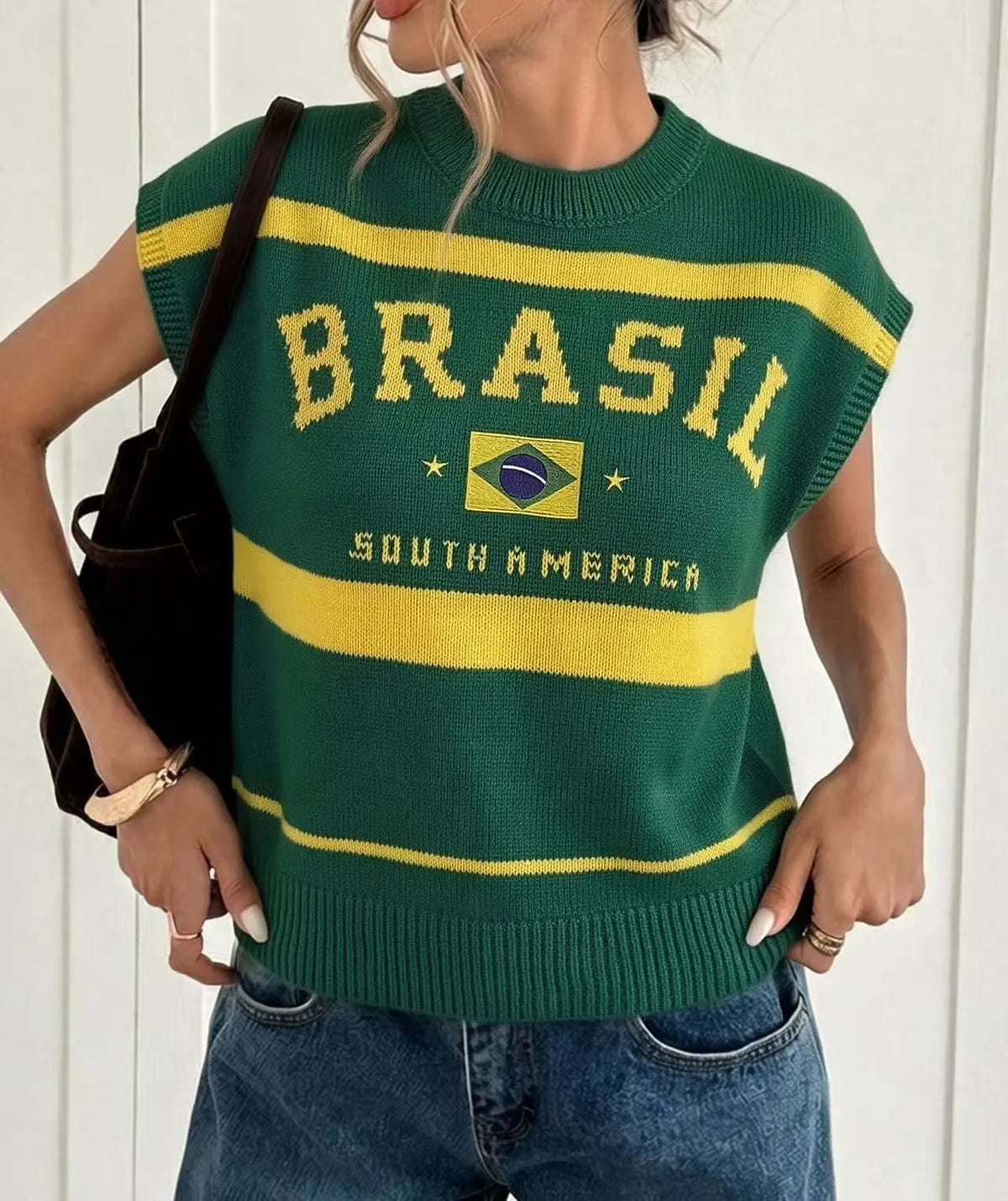 Brazil Flag Embroidered Round Neck Sleeveless Knit Sweater Vest