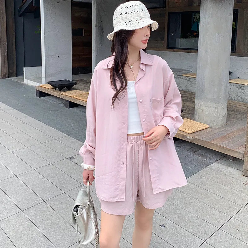 Oversized Long Sleeve Shirt Drawstring Shorts / Pants 2 Piece Casual Suit