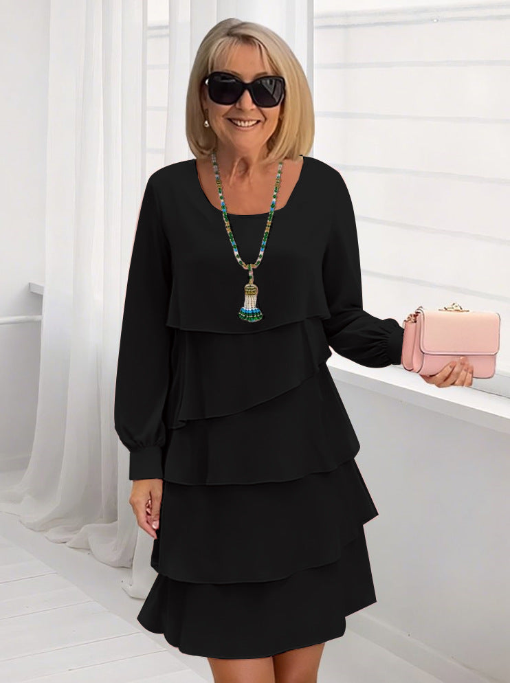 Solid Color Tiered Ruffle Long Sleeve Midi Dress