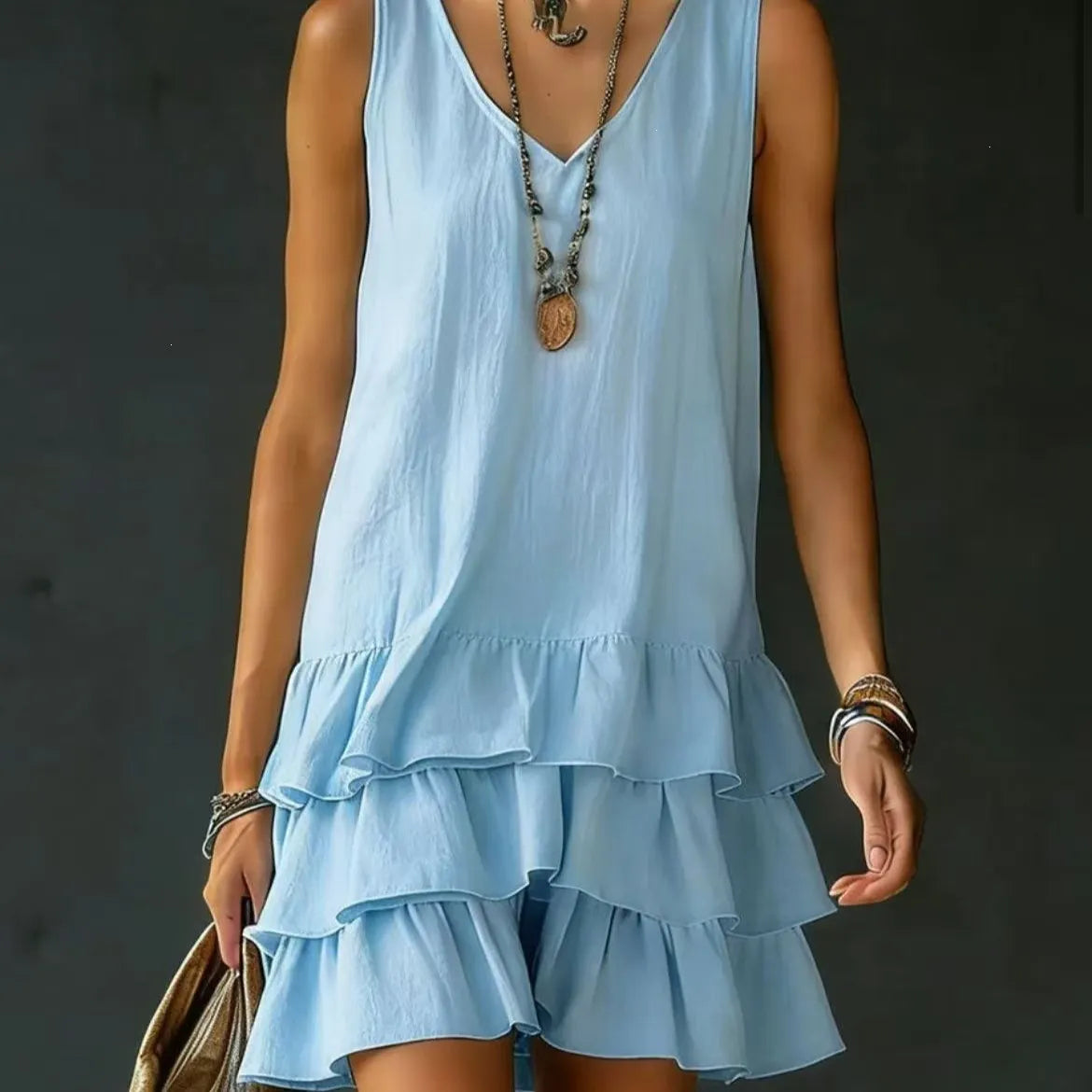 Sleeveless V-Neck Loose Tiered Ruffle Hem Solid Casual Mini Dress