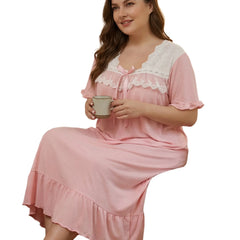 Oversized Pink Nightgown, Romantic Lace V-Neck Bow Decor Short Sleeve Maxi Sleep Dress