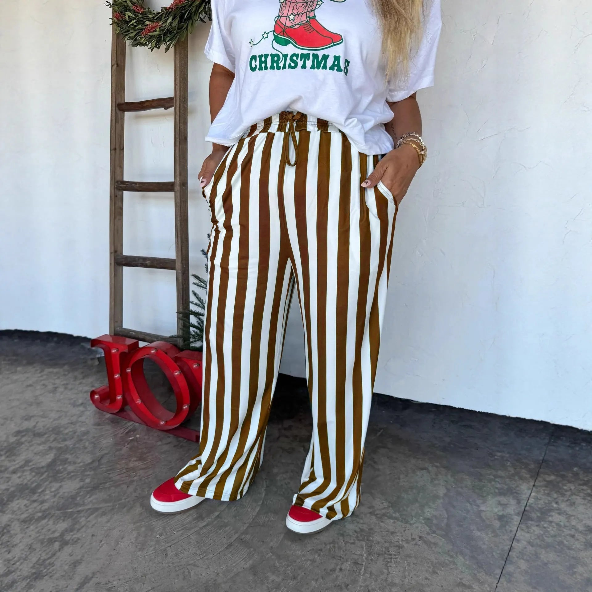 Vertical Stripe Drawstring Wide Leg Casual Pants