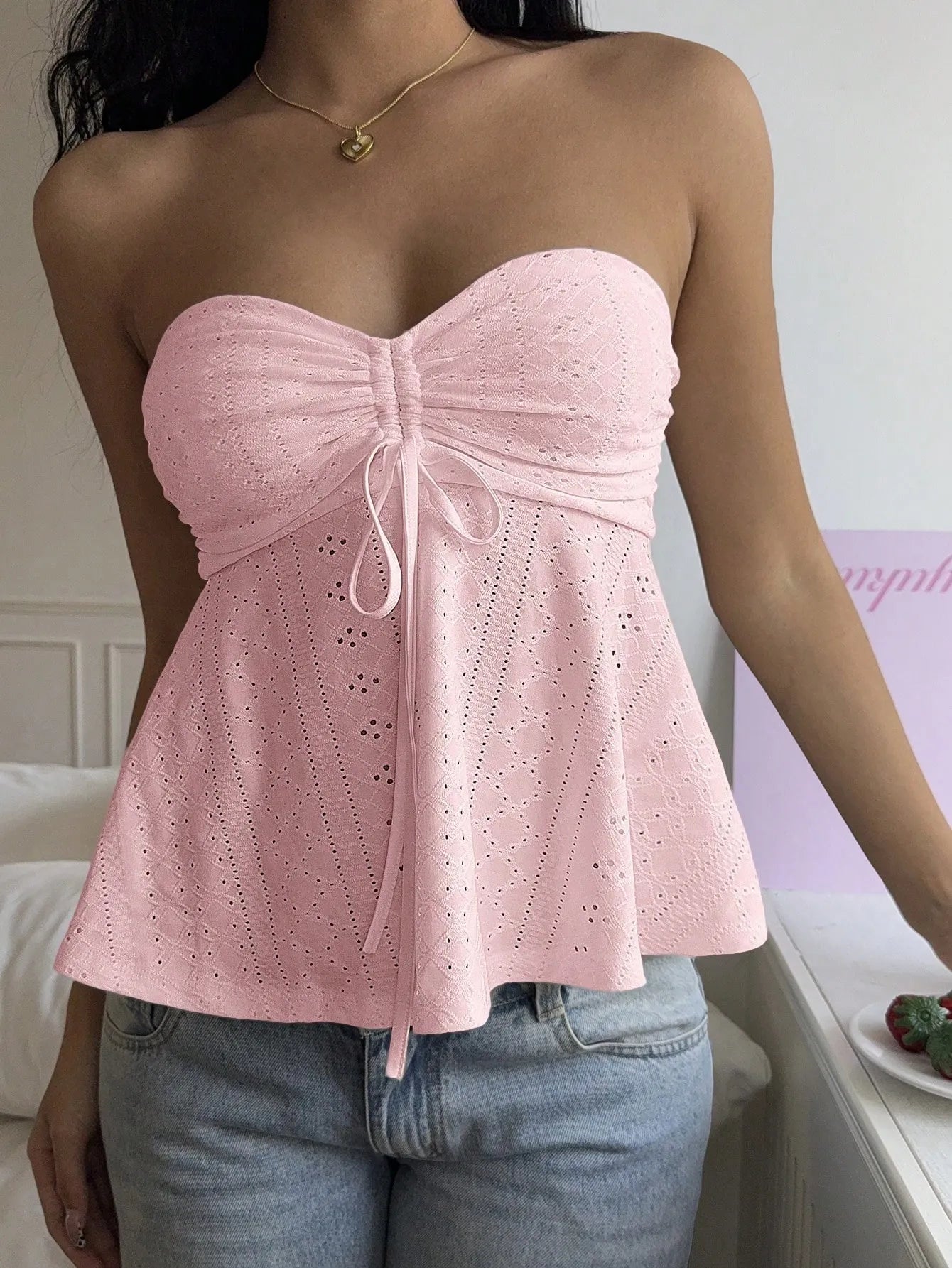 Strapless Lace Top, Tie-Front Eyelet Blouse for Summer