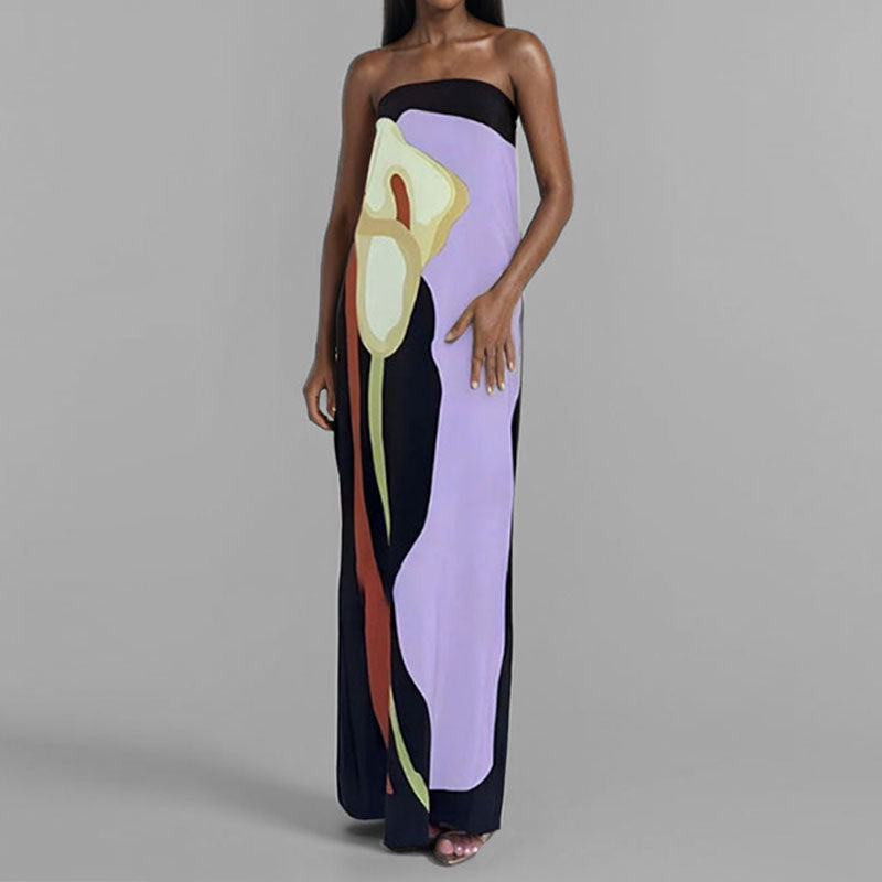 Calla Lily Print Strapless Straight Maxi Dress