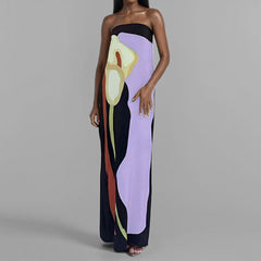 Calla Lily Print Strapless Straight Maxi Dress