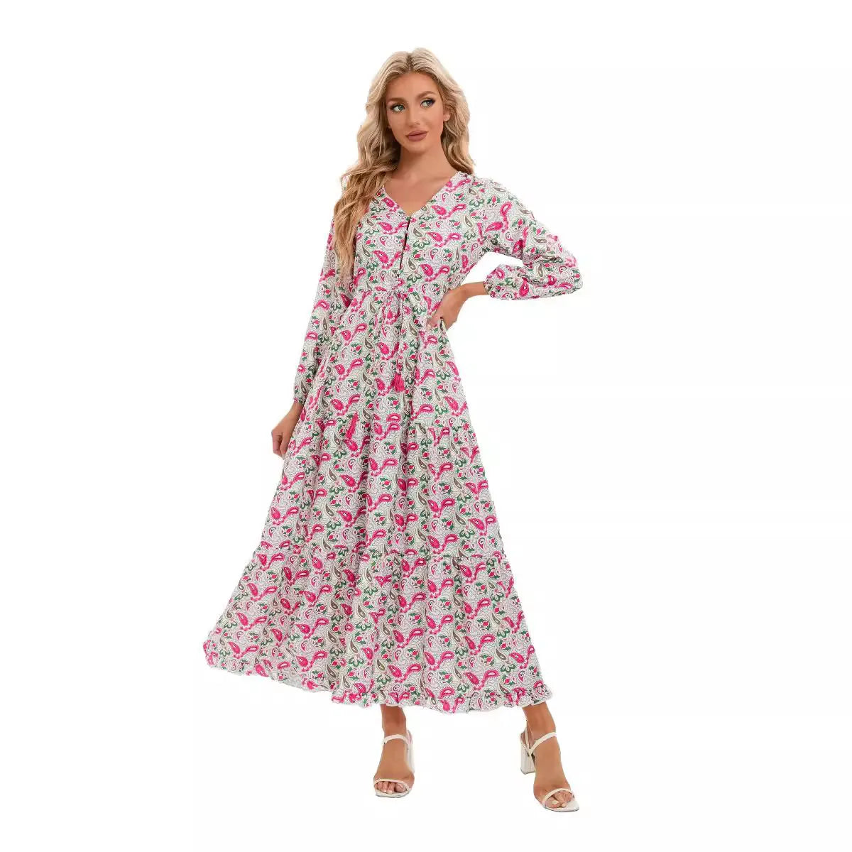 Paisley Print V-Neck Long Sleeve Drawstring Waist Maxi Dress