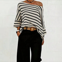 Striped Asymmetric Off Shoulder Loose Short Sleeve Milk Silk T-Shirt