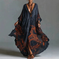 Navy Dragon Print Deep V Neck Bat Sleeve Loose Long Dress