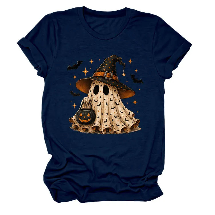 Halloween Ghost Witch Bat Print Crew Neck Short Sleeve T‑Shirt