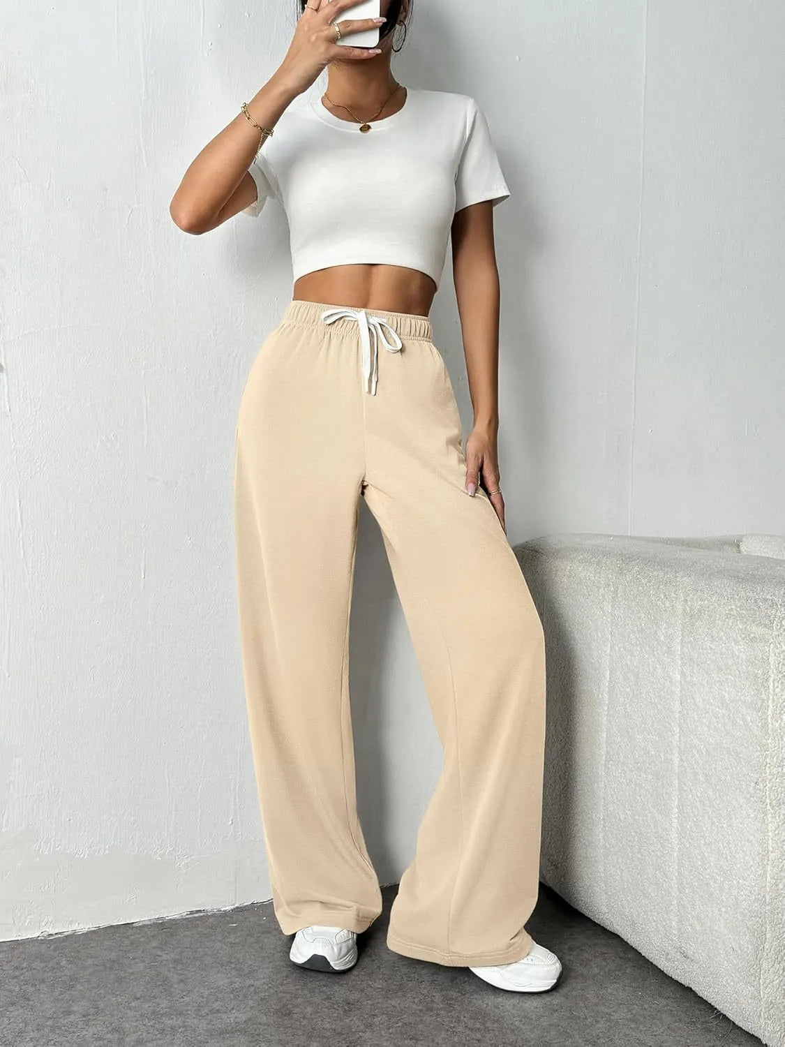 Elastic Drawstring High Waist Solid Wide Leg Sweatpants