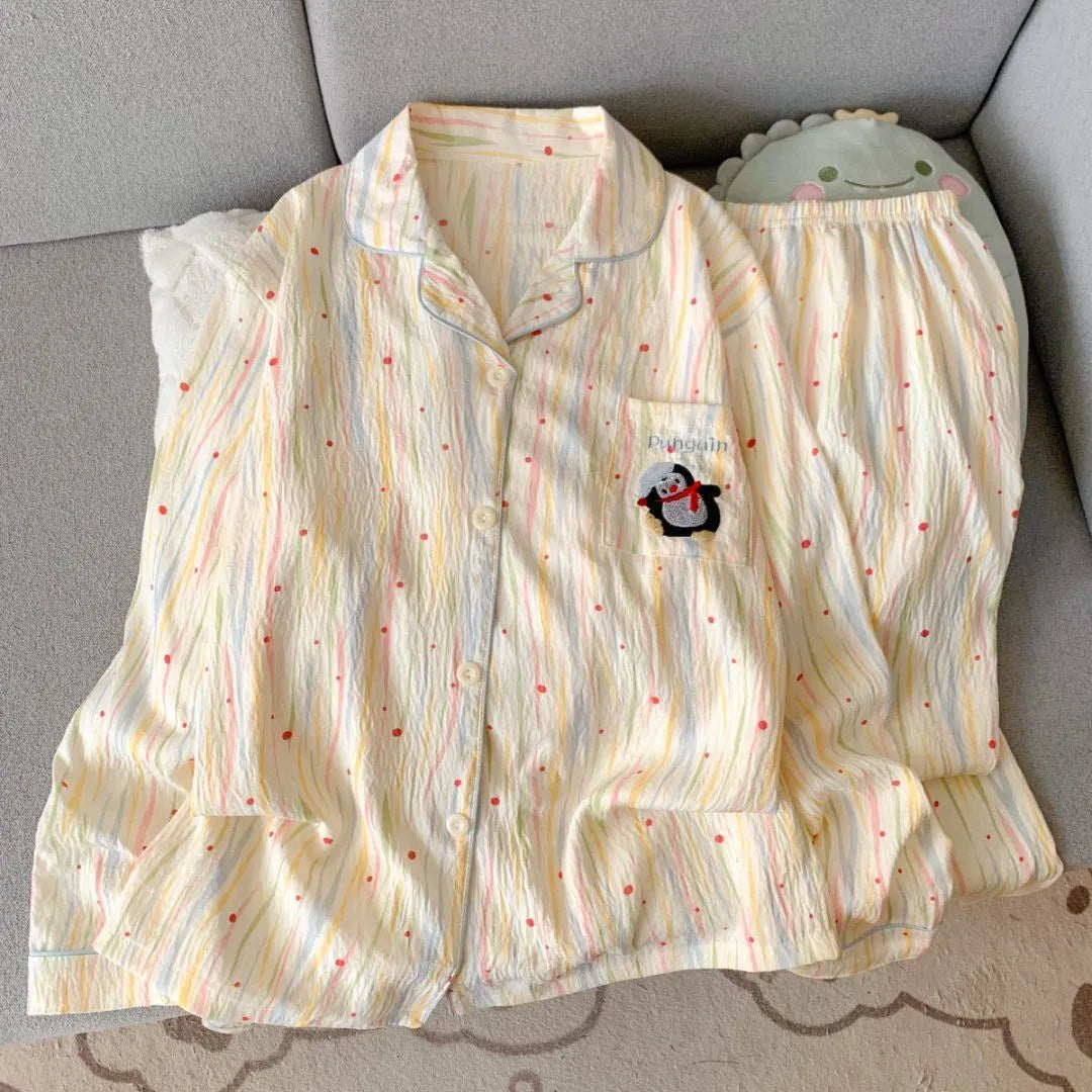 Light Blue Leopard Shirt & Pants 2 Piece Pajamas with Pocket Embroidery