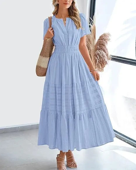 V-Neck Smocked Waist Tiered Maxi Dress