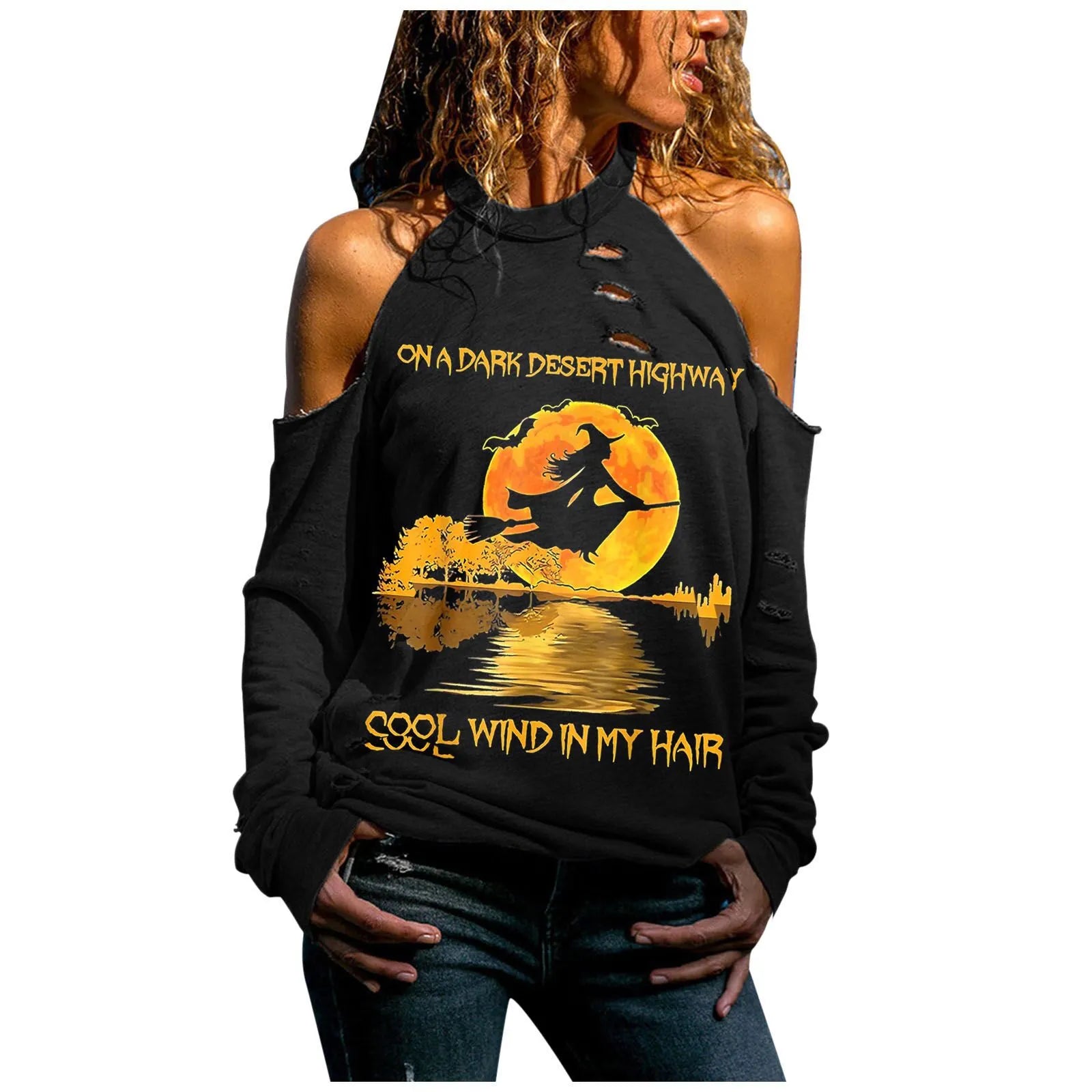 Halloween Skull Print Cold Shoulder Distressed Sweatshirt