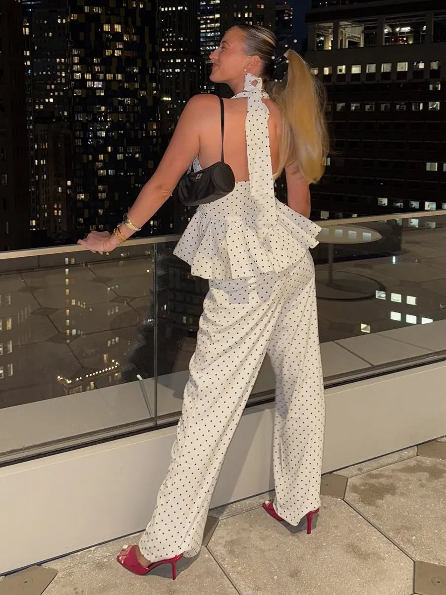 Polka Dot Halter Neck Tie Front Peplum Top and Wide Leg Pants 2 Piece Set