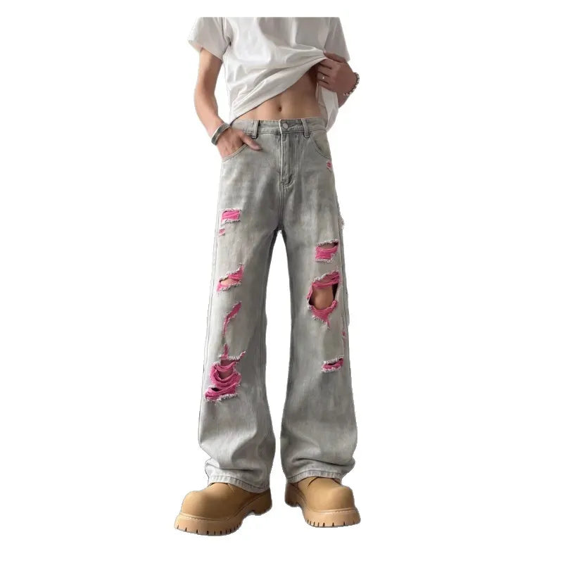 Men Mid Waist Contrast Ripped Wide Leg Jeans
