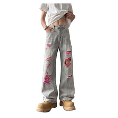 Men Mid Waist Contrast Ripped Wide Leg Jeans