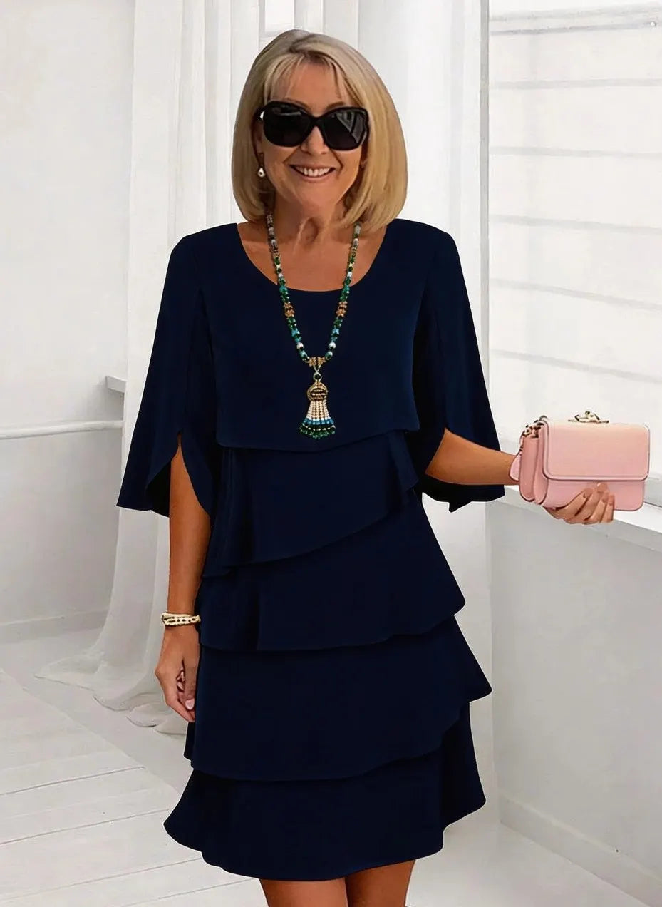 Solid Color Layered Ruffle Hem Split Sleeve Midi Dress