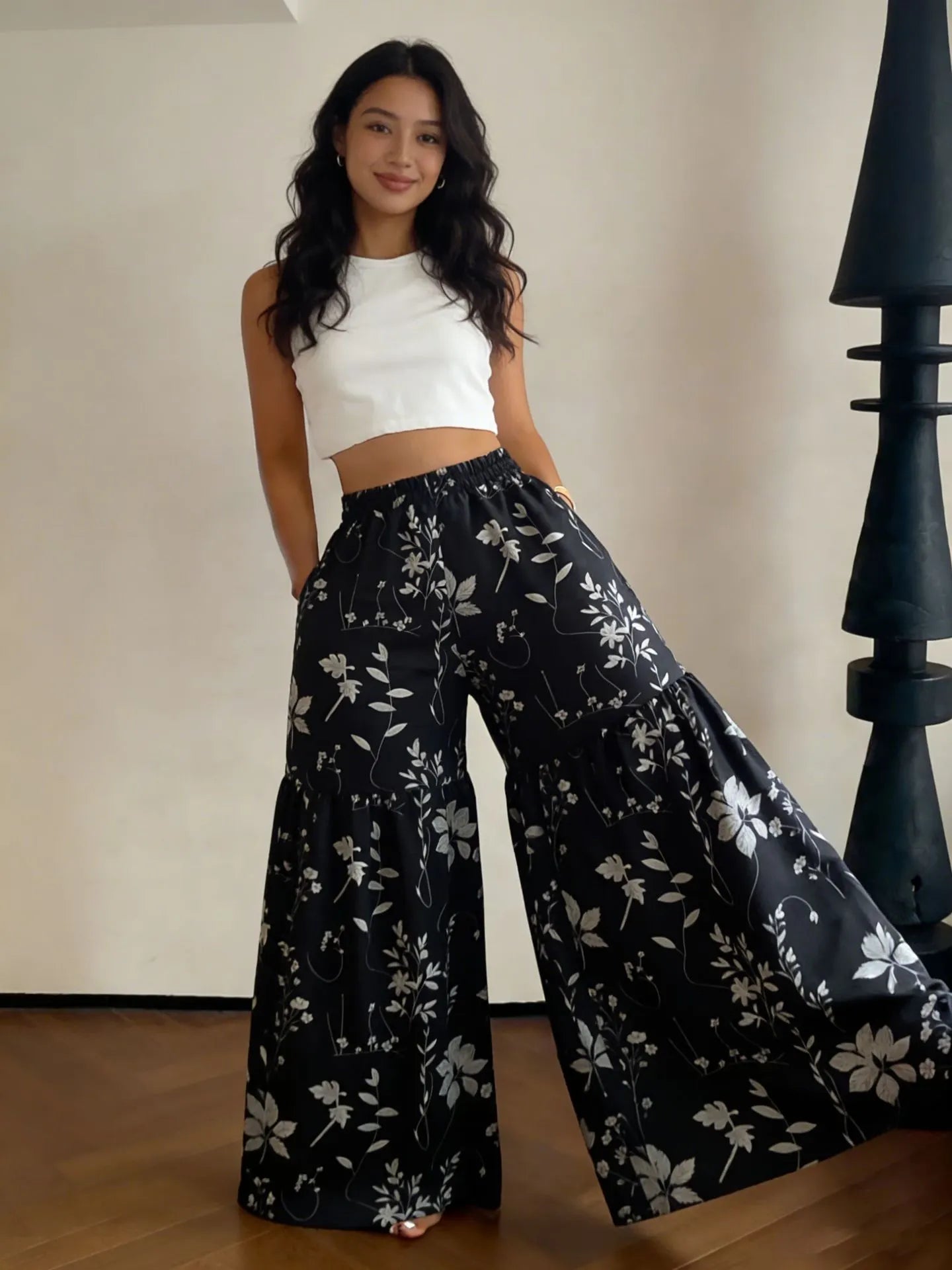 Elastic High Waist Floral Print Ruffle Wide Leg Palazzo Pants