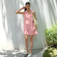 Halloween Dress, V Neck Sleeveless Button Front Solid Color Casual A-line Mini Dress