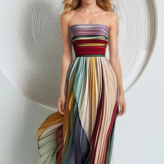 Color Block Strapless High Waist Pleated Maxi Dress