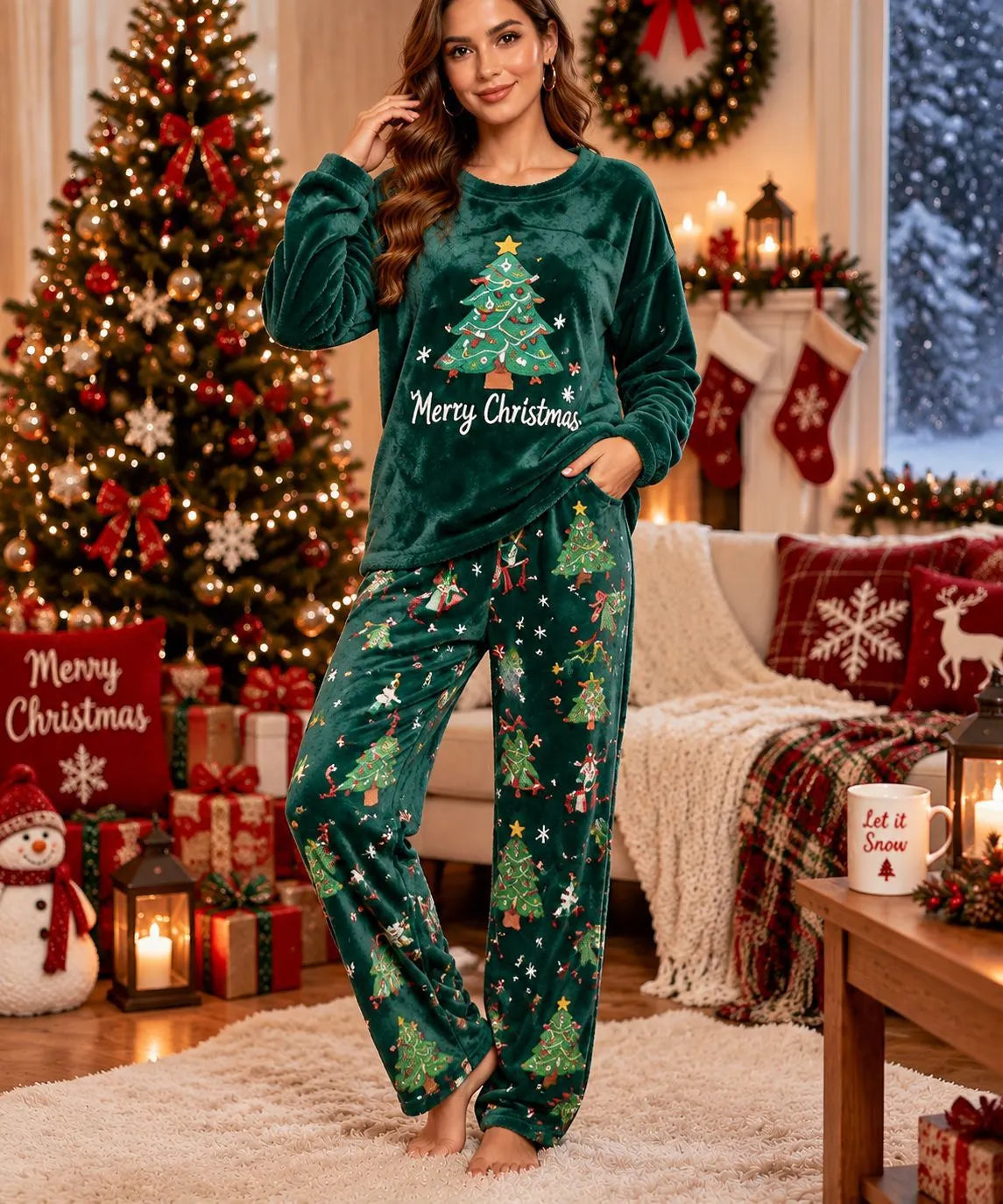 Cute Christmas Snowman Fleece Loungewear Set Round Neck Long Sleeve Top & Elastic Waist Full Length Pants