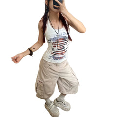 High Waist Loose Cargo Cropped Straight Pants
