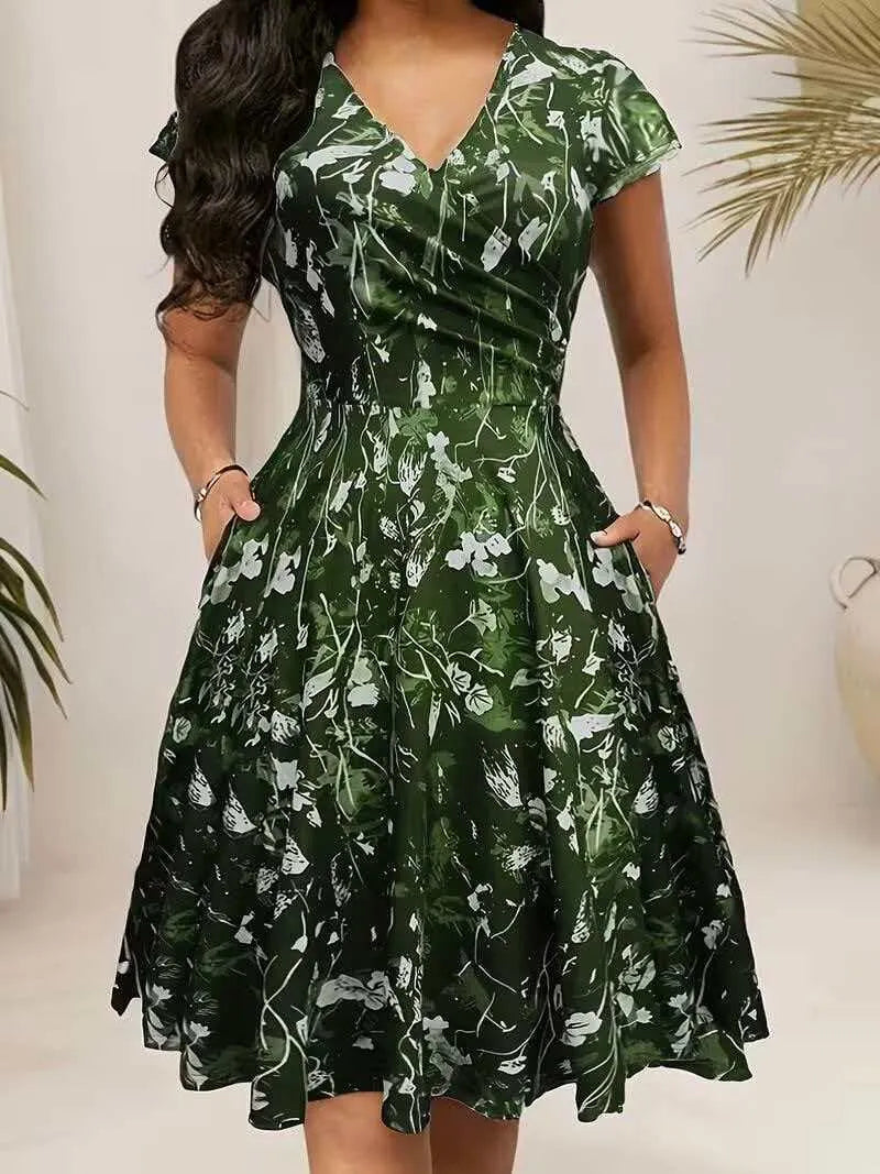 Round Neck Floral Print High Waist Flare Midi Dress