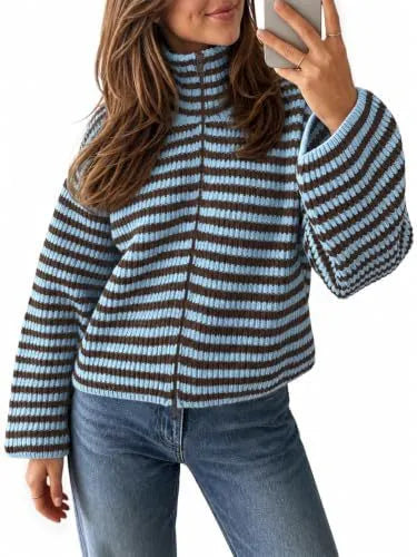 Striped Half Zip Turtleneck Knit Sweater Long Sleeve Cropped Ribbed Pullover
