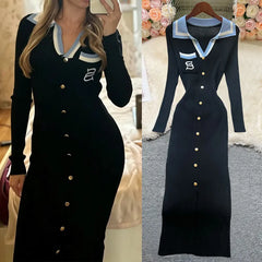 Contrast Collar Embroidered Knit Bodycon Midi Dress