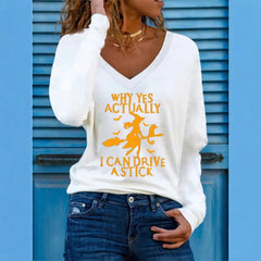Halloween Witch Graphic V‑Neck Long Sleeve T‑Shirt