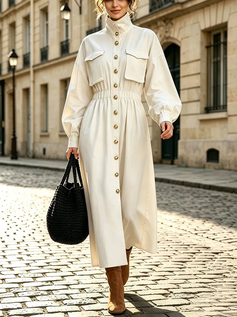 Ladies High Neck Button Down Midi Dress Long Sleeve Chest Pockets Cinched Waist Brown Autumn Dress