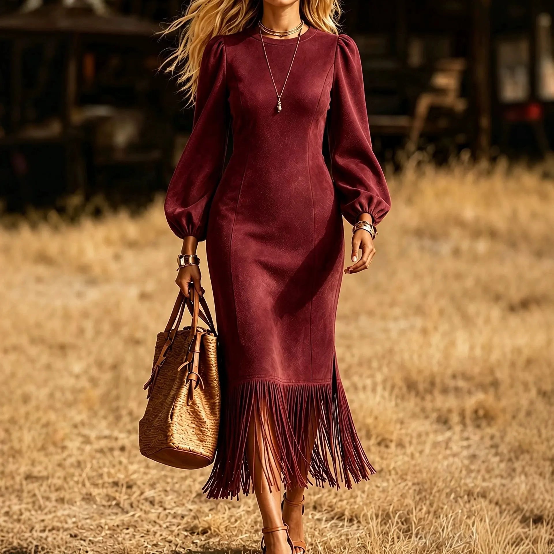 Fall Western Style Burgundy Faux Suede Dress Puff Sleeve Fringe Trim Side Slit Midi Dress for Women