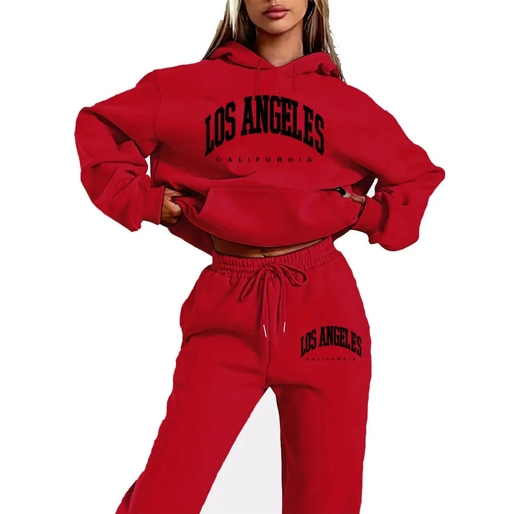 Los Angeles Letter Print Hoodie & Drawstring Sweatpants Two Piece Tracksuit