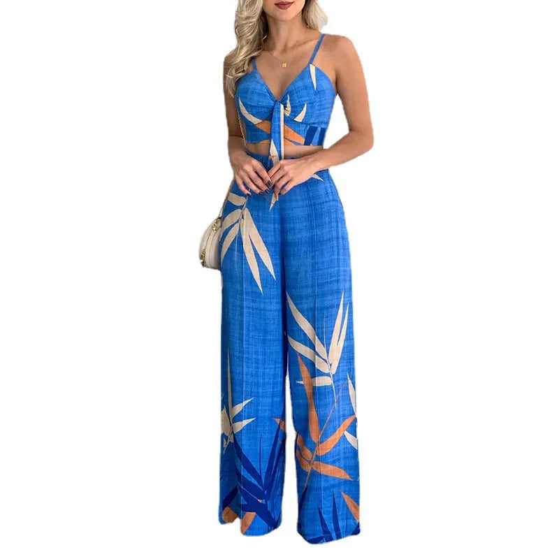 Geometric Print Tie Front Cami Top and High Waist Wide Leg Pants Set