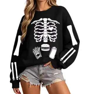 Halloween Skeleton Food Print Crew Neck Sweatshirt
