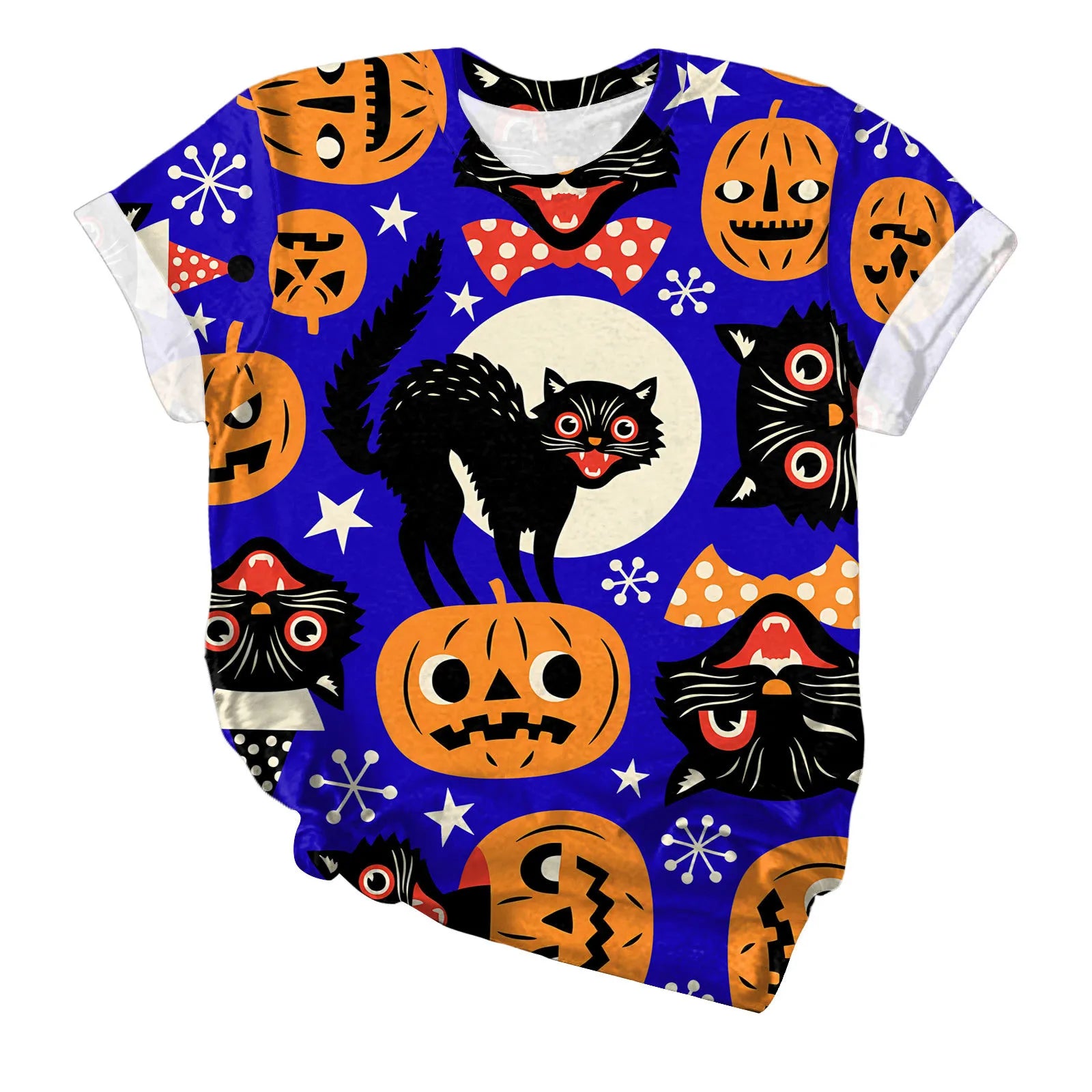 Halloween Black Cat Pumpkin Print Crew Neck Short Sleeve T‑Shirt