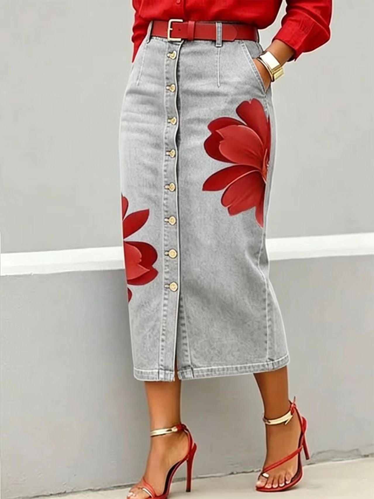 High Waist Red Flower Print Denim Midi Skirt, Button Front Straight Jean Skirt