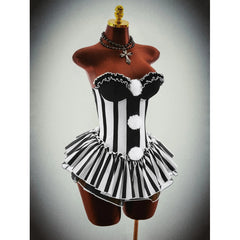 Black White Striped Clown Corset Costume, Halloween Ruffle Tutu Skirt Corset Outfit