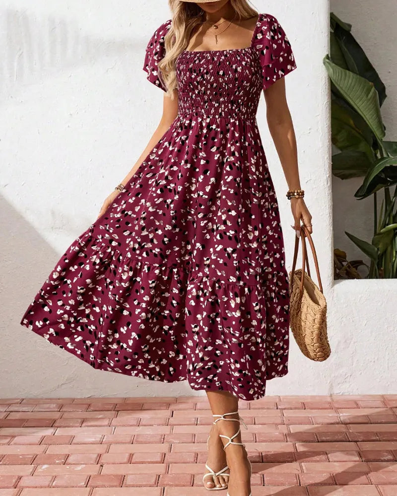 Square Neck Ruffle Sleeve Leopard Print Smocked Waist Midi Dress
