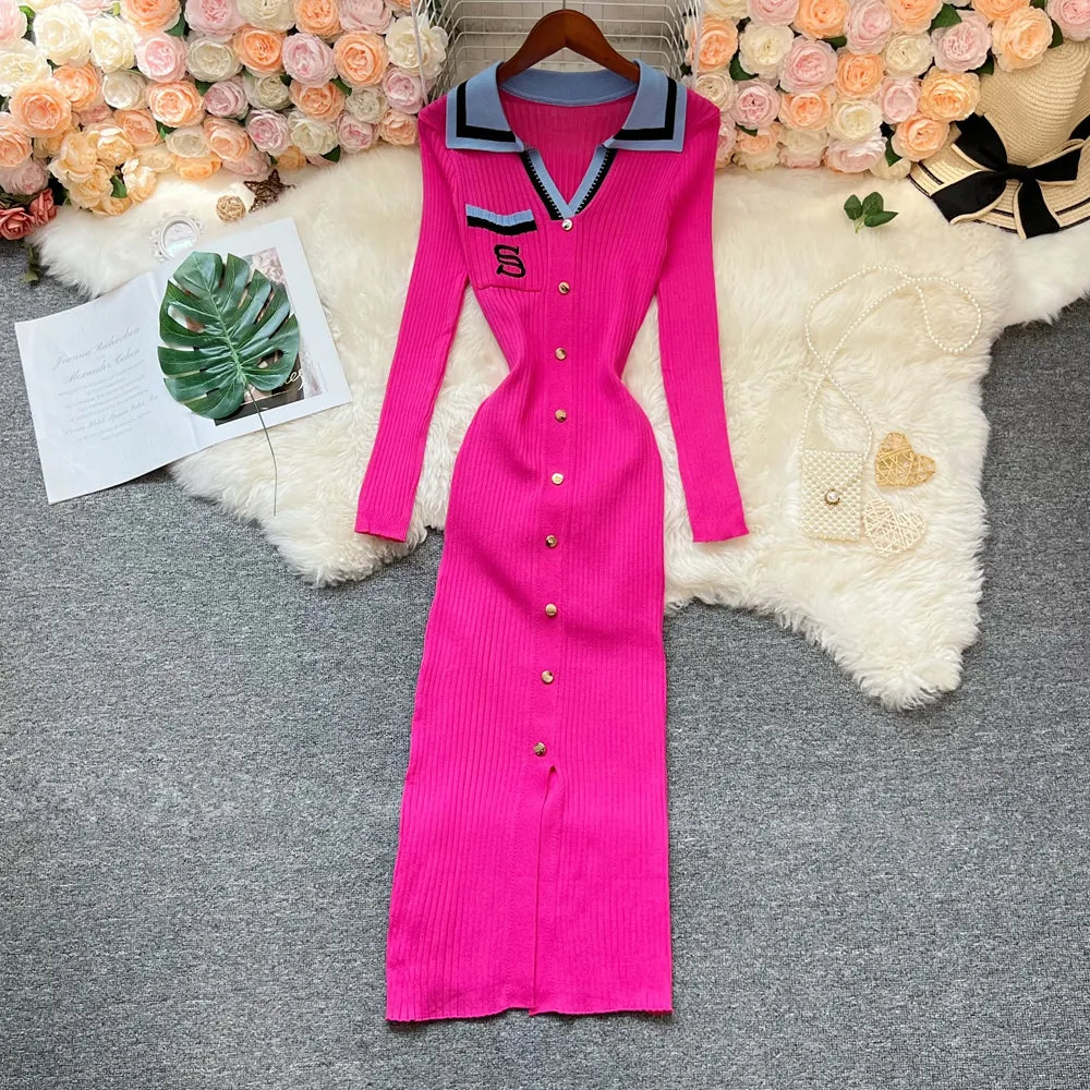 Contrast Collar Embroidered Knit Bodycon Midi Dress