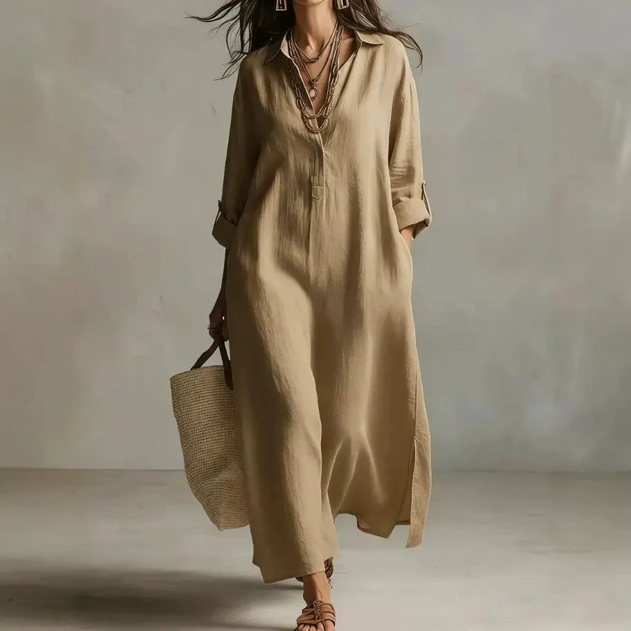 Shirt Collar Seven-Quarter Sleeve Loose Cotton Linen A-Line Maxi Shirt Dress