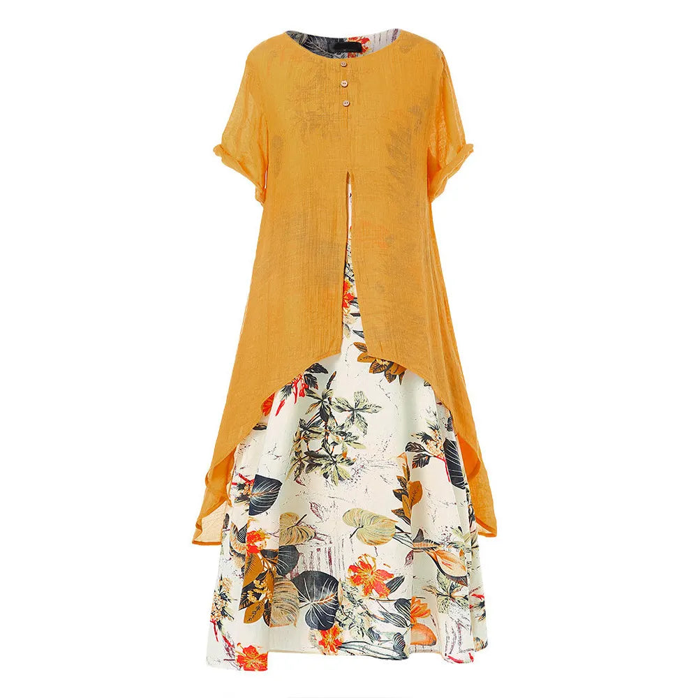 Fake Two-Piece Printed Linen Midi Dress