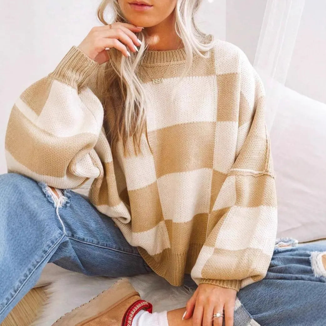 Checkerboard Color Block Crew Neck Loose Pullover Sweater