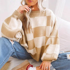 Checkerboard Color Block Crew Neck Loose Pullover Sweater
