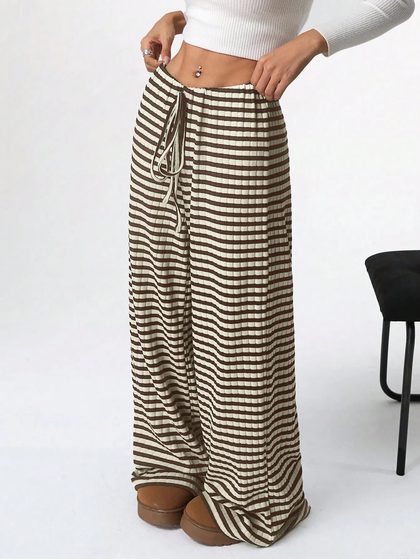 Striped Drawstring Waist Loose Straight Leg Casual Pants