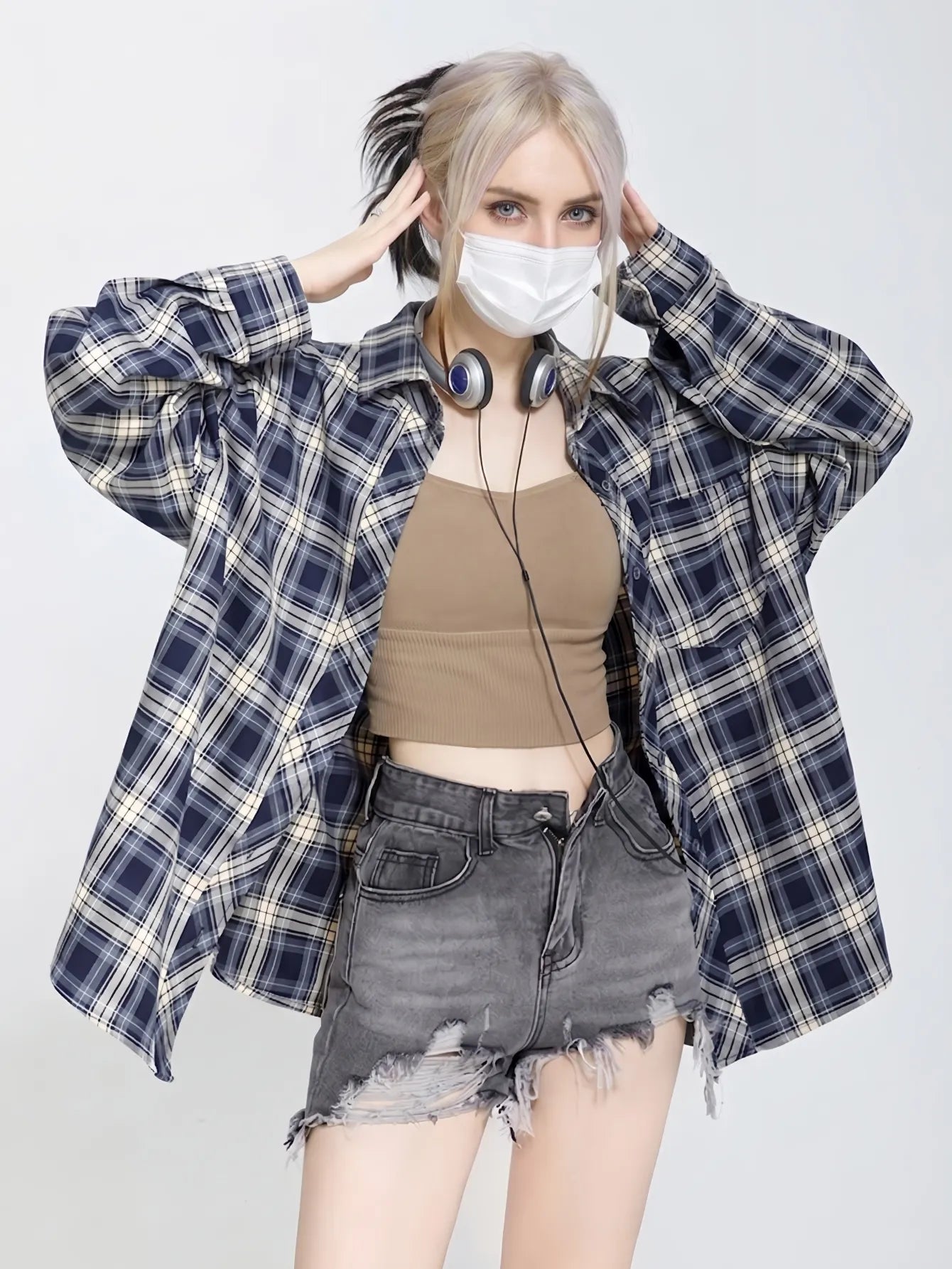 Loose Fit Navy Tartan Plaid Shirt, Oversized Longline Casual Streetwear Blouse