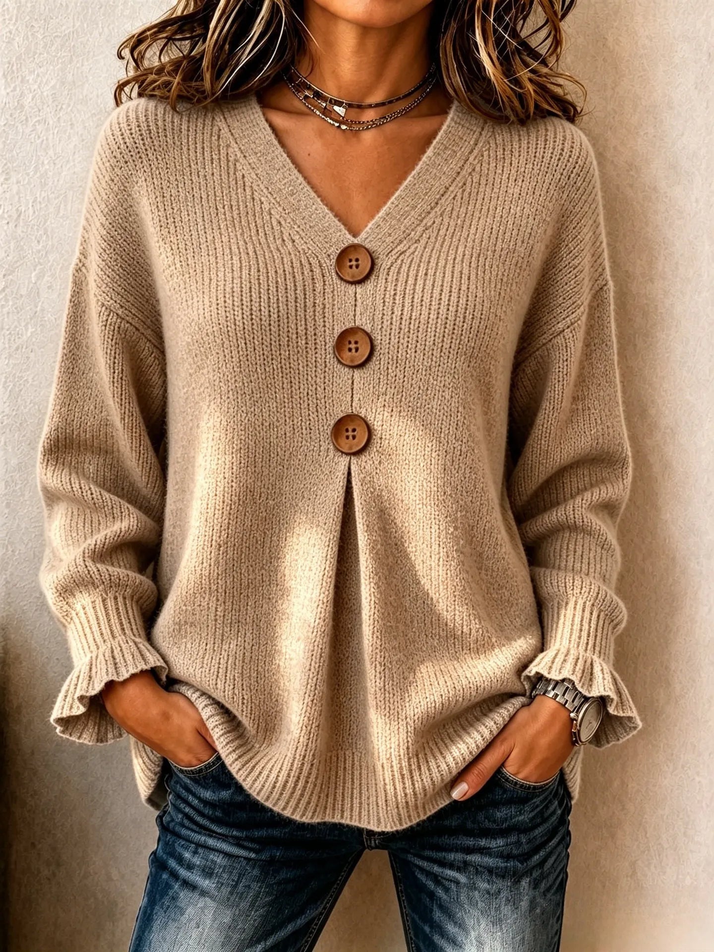 V‑Neck Button Detail Pullover Sweater